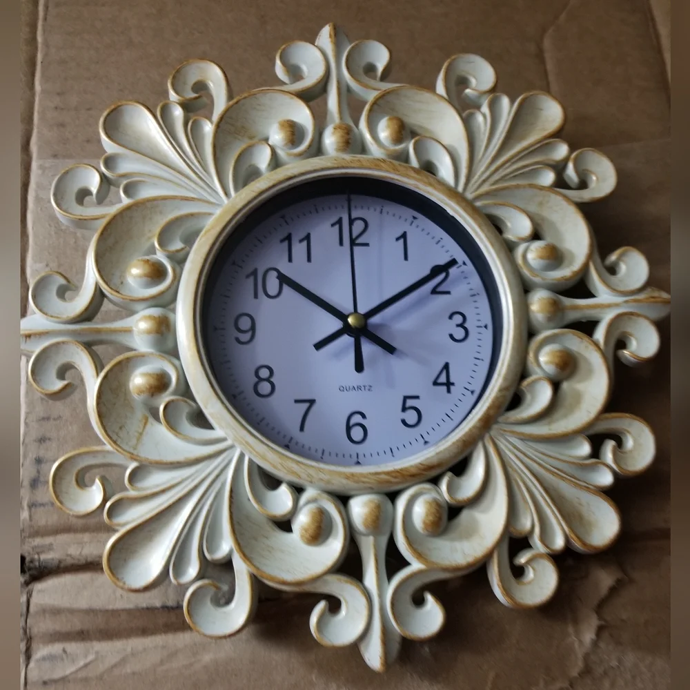 - Beige Embossed Fleur De Lis Floral Design Clock Battery Operated - NWOB